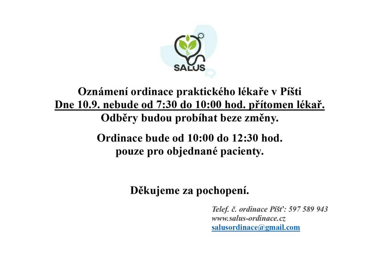 Ordinační doba praktického lékaře v Píšti dne 10.09.2026