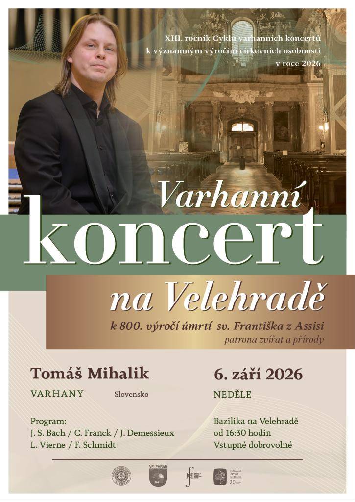 Římskokatolická farnost Velehrad zve na varhanní konvert v rámci XIII. ročníku Cyklu varhanních koncertů, a to k 800. výročí úmrtí sv. Františka z Assisi, který se koná v neděli 6. záři v 16.30 hod. ve velehradské bazilice.