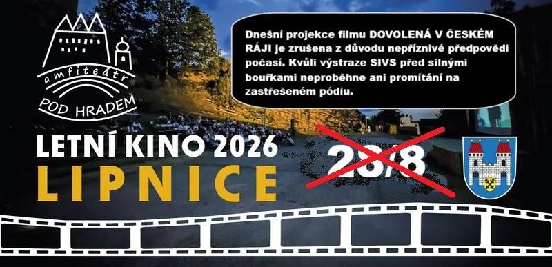 Dnešní projekce letního kina je zrušena kvůli nepříznivé předpovědi počasí. Snad bude příznivý a dokonalý den v pátek 4.9.2026, kdy uvedeme pouhý den po premiéře český film DOKONALÝ DEN. Srdečně vás zveme!