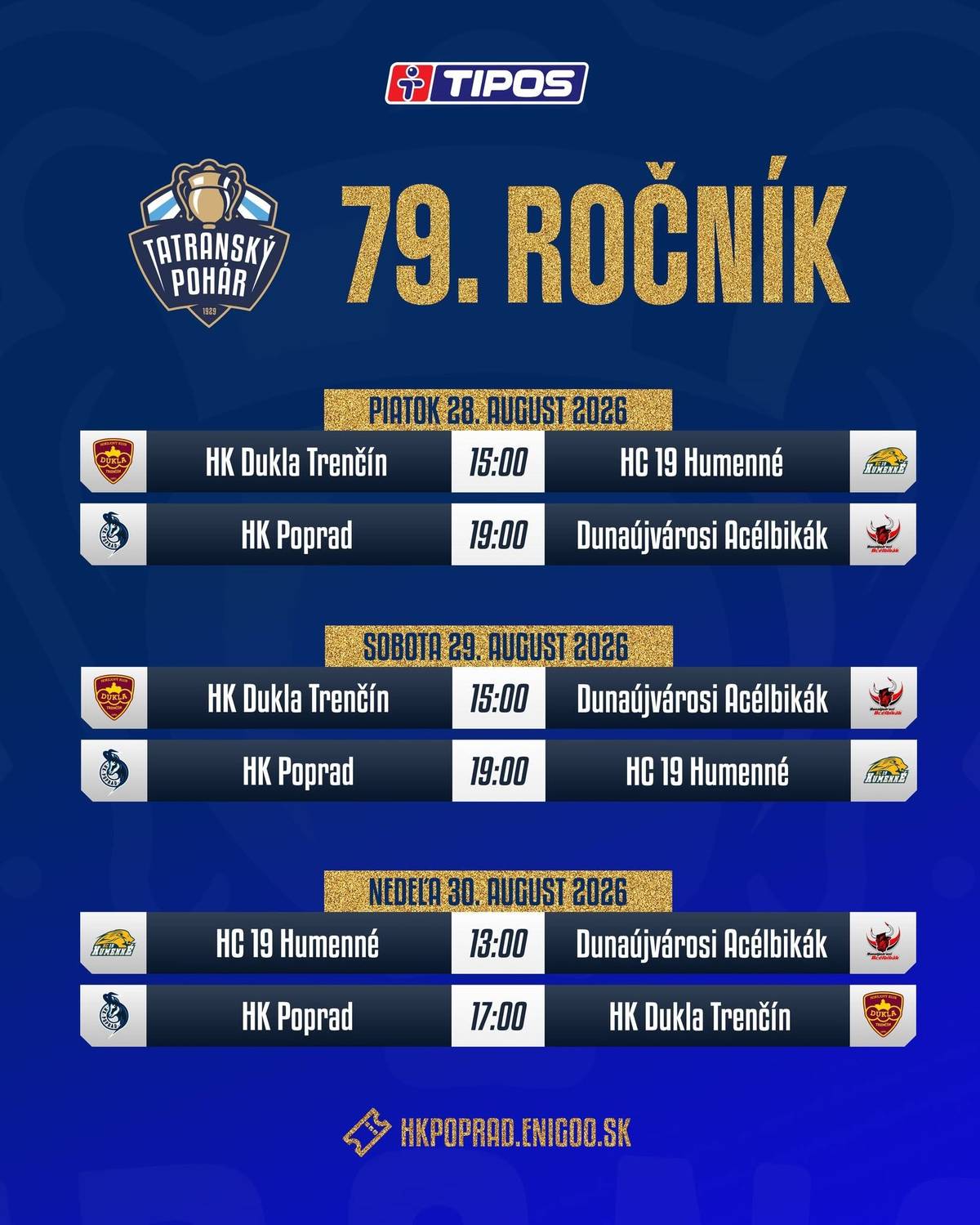 🏆Od dnes až do nedele bude Zimný štadión mesta Poprad dejiskom Tatranského pohára. 79. ročník druhého najstaršieho turnaja v Európe sa uskutoční za účasti štyroch celkov – HK Poprad, HK Dukla Trenčín, HC 19 Humenné, Dunaújvárosi Acélbikák (HUN). 👌Tohtoročný turnaj bude nielen oslavou športového odhodlania a kvalitného hokeja, ale aj ideálnym mostom k prelomovému 80. jubilejnému ročníku. Organizátori sľubujú už teraz mimoriadne významné obsadenie, ktoré bude pre všetkých fanúšikov skutočným športovým sviatkom. Program 79. ročníka TP: Piatok 28. augusta o 15. hod. Trenčín - Humenné Piatok 28. augusta o 19. hod. Poprad - Dunaújvárosi Acélbikák Sobota 29. augusta o 15. hod. Trenčín - Dunaújvárosi Acélbikák Sobota 29. augusta o 19. hod. Poprad - Humenné Nedeľa 30. augusta o 13. hod. Humenné - Dunaújvárosi Acélbikák Nedeľa 30. augusta o 17. hod. Poprad - Trenčín Prídete kamzíkov povzbudiť? 💪