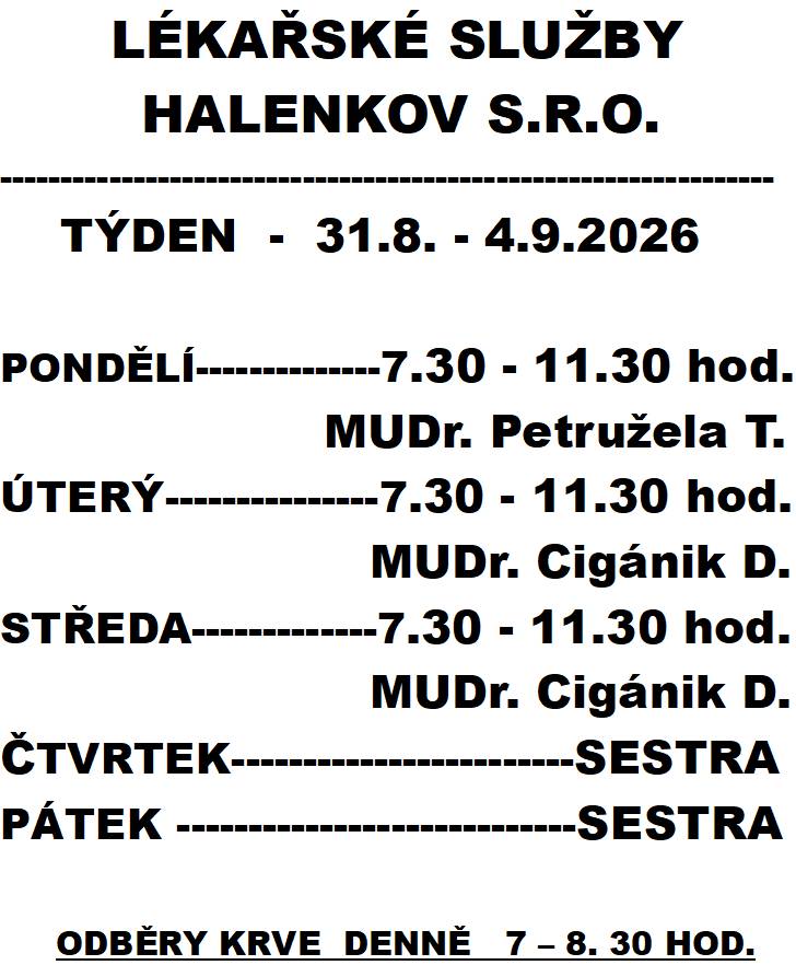 Lékařské služby Halenkov 31.8. - 4.9.2026