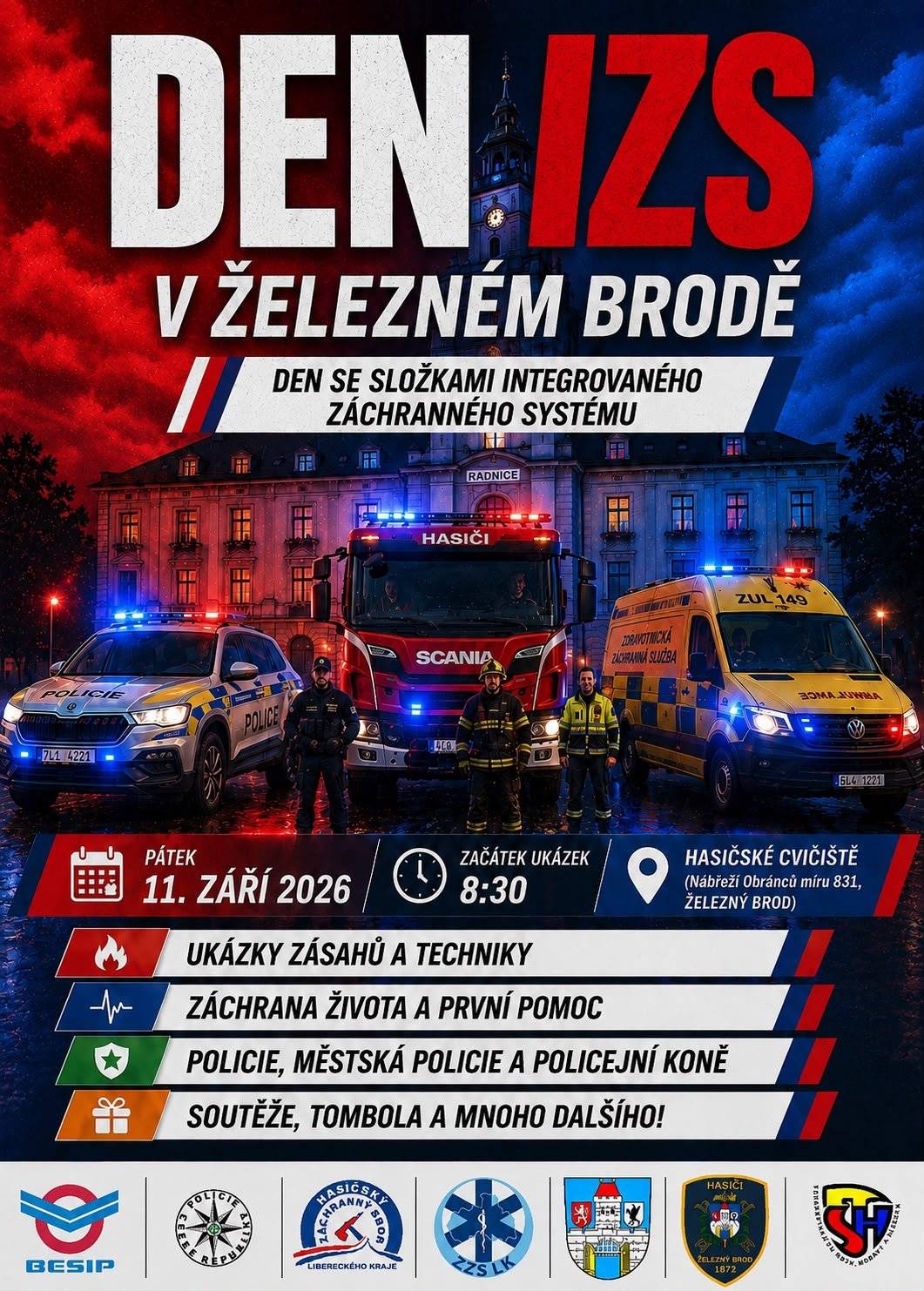 Srdečně Vás zveme na „Den IZS“ v Železném Brodě! Vstup zdarma.    Datum: pátek 11. září 2026 Čas: 8:30–cca 12:00 hod. ukázky, 15:00-cca 0:00 odpolední program  Místo: hasičské cvičiště (Nábřeží Obránců míru 831, Železný Brod)  Cílem je představit záchranné složky zaměřené na bezpečnost, prevenci a ochranu občanů, poutavou formou předat důležité informace pro zvládání krizových situací, ale zároveň vzdát hold a poděkování všem profesionálům i dobrovolníkům, kteří denně nasazují své životy. Na co se můžete těšit? Podrobný program:        Čas   Složka / účinkující   Program       8:30   Pořadatelé   Uvítání – slovo starosty     9:00–9:25   HZS LK ÚO Tanvald   Kynolog – nstržm. Václav Vančura     9:25–9:40   SDH Těpeře   Ukázka štafety dvojic děti     9:40–10:10   HZS LK ÚO Jablonec nad Nisou   Ukázka COBRA – řezání a hašení pod vysokým tlakem     10:10–10:25   SDH Bratříkov   Ukázka požárního útoku děti     10:25–10:55   PČR – oddělení služební hipologie Frýdlant   Ukázka specializovaného útvaru     10:55–11:15   JSDH Železný Brod   Simulace dopravní nehody – ukázka vyprošťování     11:15–11:35   ČČK Železný Brod   Ukázka první pomoci     11:35–12:00   ZZS LK   Představení velkokapacitního vozu pro mimořádné události     12:00   Pořadatelé   Ukončení hlavního programu     15:00   Pořadatelé   Zahájení odpoledního programu     15:00–19:00   Kapelníci   Hudební program - vstupné zdarma     16:30–17:30   SDH ORP Železný Brod   Okrsková soutěž     19:00–0:00   Lógr   Večerní hudební zábava - vstupné zdarma      Harmonogram akce viz příloha. Za organizační tým Mgr. Opočenská Ludmila, krizové řízení
