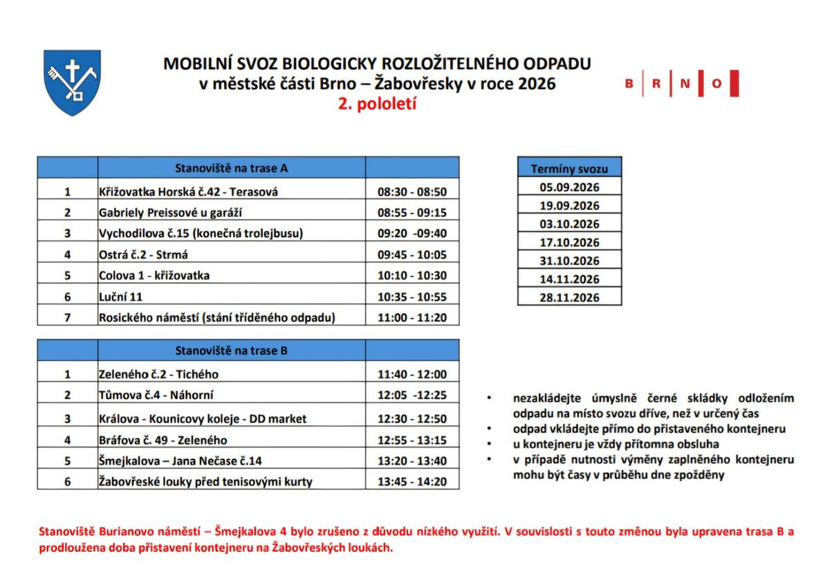 Termíny svozu biologicky rozložitelného odpadu v Žabovřeskách: 2. pololetí 2026