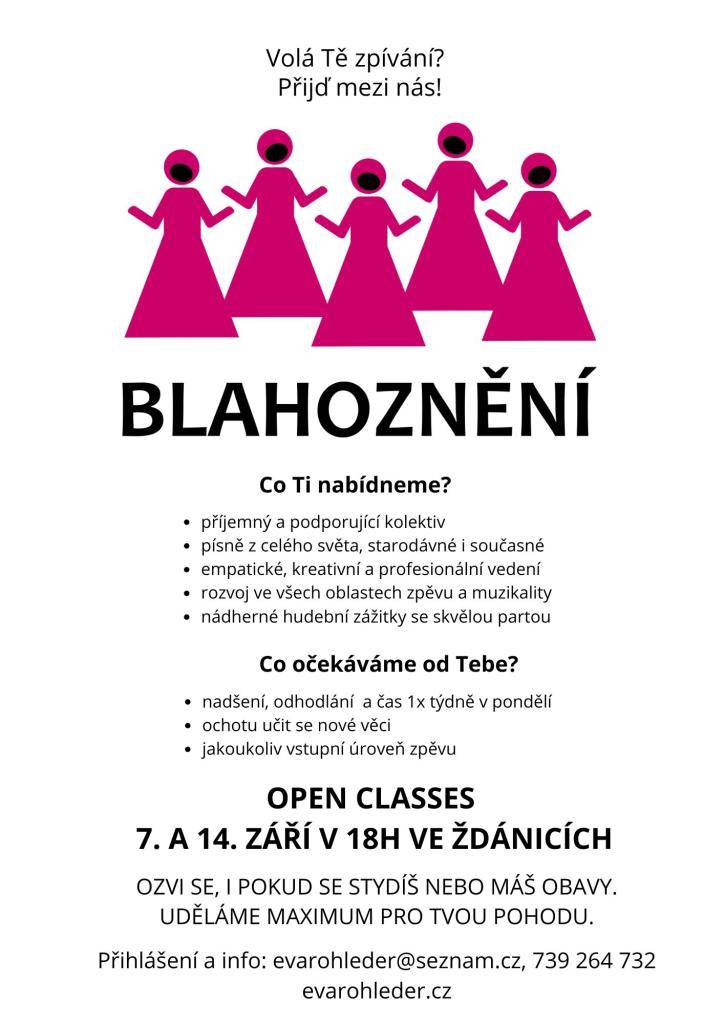 Pěvecký sbor Blahoznění a nově vznikající dětský pěvecký sbor Sborůvečky přijímá v září nové členy. Zkoušky dětského sboru budou probíhat každé pondělí v 16:30 v Lovčicích, dospělí zpívají také v pondělí v 18h ve Ždánicích. Srdečně zveme všechny dětské i dospělé milovníky zpěvu