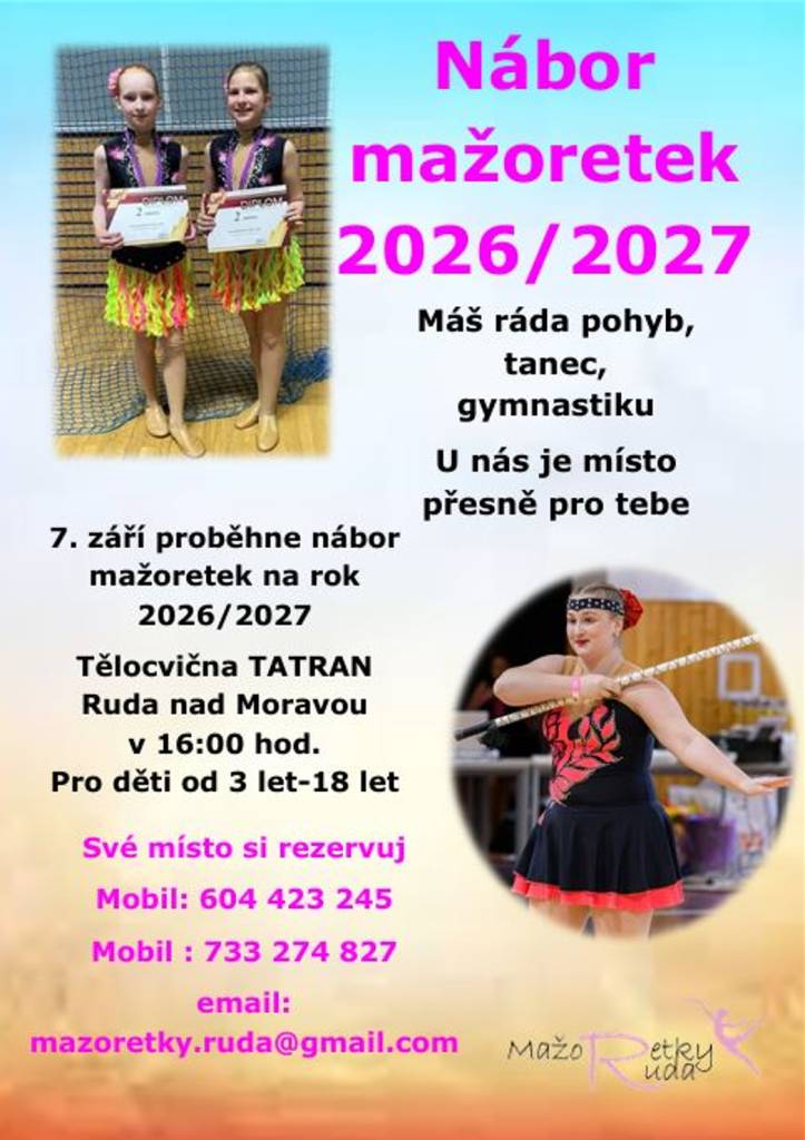 7. září 2026 proběhne nábor mažoretek pro školní rok 2026/2027.