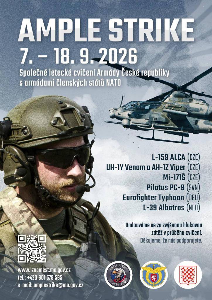 Vzdušné síly Armády ČR realizují v termínu od 7. do 18. Září 2026 na letištích a ve vzdušném prostoru státu mezinárodní cvičení AMPLE STRIKE 2026.