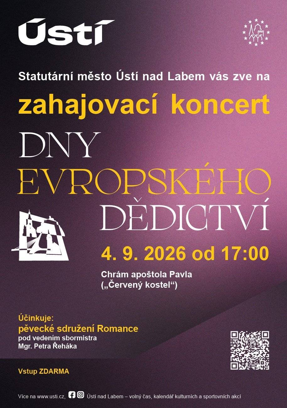 Přijďte společně s námi zahájit Dny evropského dědictví a užít si podvečer plný sborové hudby v jedinečné atmosféře jednoho z ústeckých kostelů.  KDY: 4. 9. 2026 od 17:00 KDE: Chrám Apoštola Pavla („Červený kostel“) Nenechte si ujít jedinečné vystoupení Komorního pěveckého sdružení Romance, které v Ústí nad Labem působí od roku 1996 pod vedením sbormistra Mgr. Petra Řeháka. Repertoár sboru nabízí pestrou škálu napříč hudebními obdobími a žánry, a to od renesance přes současnou sborovou tvorbu až po jazz a pop. Během své téměř třicetileté historie se Romance představila na řadě domácích i zahraničních festivalů a soutěžních přehlídek, kde získala mnohá ocenění za svůj umělecký a muzikální projev. Mezi její nejnovější úspěchy patří ocenění ze soutěže Choralia Mikulov 2024. Vstup na koncert je zdarma, rezervace není potřeba. Stačí přijít a nechat se unést hudbou v působivém prostředí jedné z výrazných ústeckých památek.