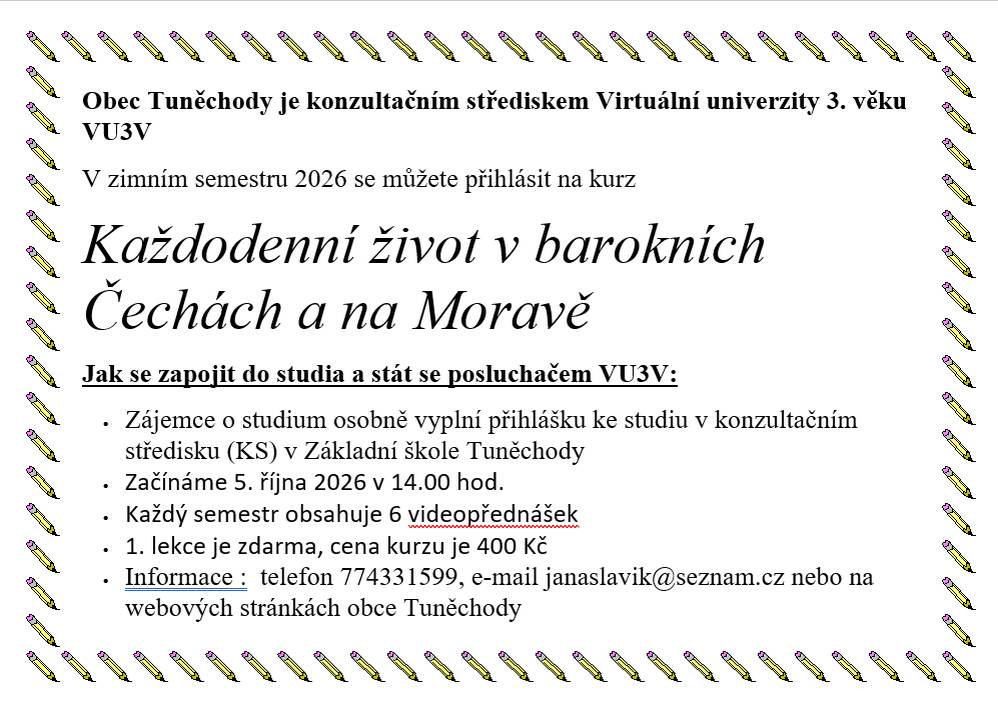 V zimním semestru 2026 se můžete přihlásit na kurz  „Každodenní život v barokních Čechách a na Moravě“.   Informace na telefonu 774 331 599 nebo e-mailu janaslavik@seznam.cz