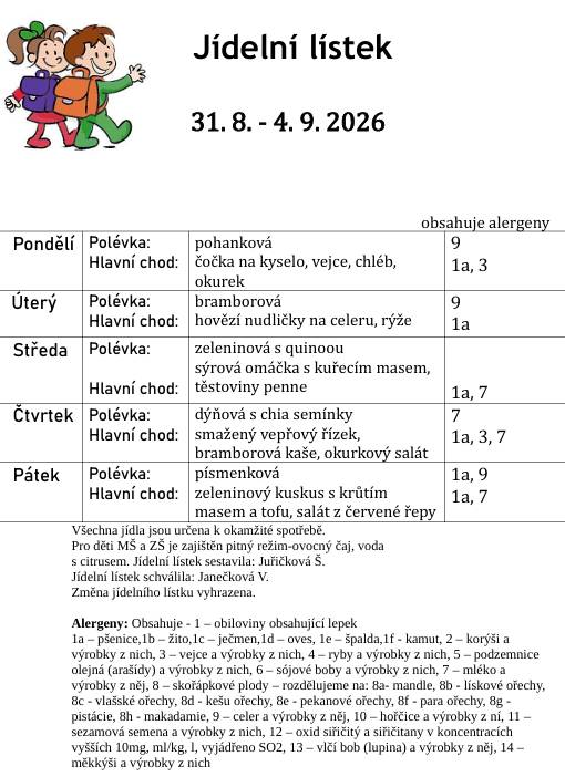 Jídelní lístek od 31.8. do 4.9.2026
