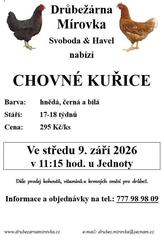 DRŮBEŽÁRNA MÍROVKA, Svoboda-Havel, prodává  ve středu 9. září 2026 v  11:15 hod. u Jednoty (poslední závoz v roce 2026)  nosné kuřice (hnědé, černé a bílé) - stáří 17-18 týdnů, cena 295 Kč  Objednání (doporučujeme) je možné na tel.: 777 98 98 09 nebo drubez.mirovka@seznam.cz.
