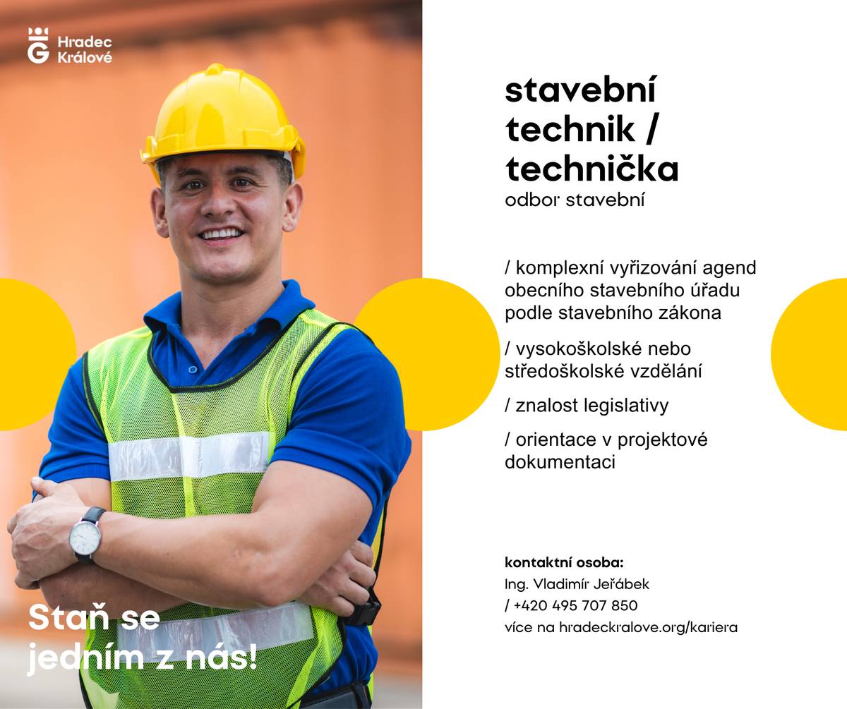 Statutární město Hradec Králové vyhlašuje výběrové řízení na pozici: STAVEBNÍ TECHNIK/ČKA 📍odbor stavební ⏳ Přihlášky zasílejte do 30. 9. 2026. 👉 Veškeré informace najdete na: Hradec Králové: Kariéra