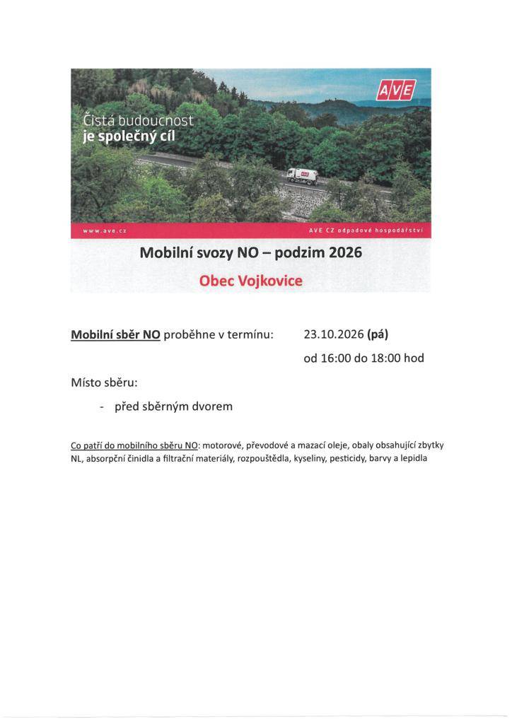 Mobilní svoz nebezpečného odpadu proběhne 23. 10. 2026 od 16:00 do 18:00 hod. před sběrným dvorem.