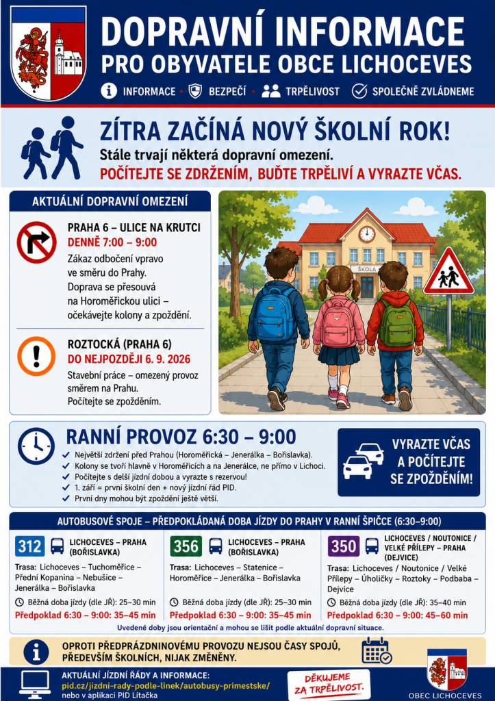 Doprava nejen v okolích obcích, ale hlavně směrem do Prahy je stále omezena. V souvislosti s nadcházejícím školním rokem, očekávejte výrazné zdržení na příjezdu směr Bořislavka a Dejvická.