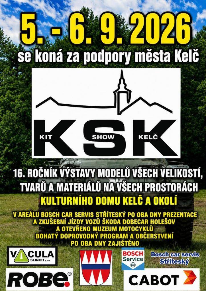 Modeláři Kelč Vás zvou na 16. ročník KIT SHOW KELČ, která se uskuteční ve dnech 5. a 6. září 2026 v prostorách KD Kelč a okolí. Bližší informace v přiloženém dokumentu.