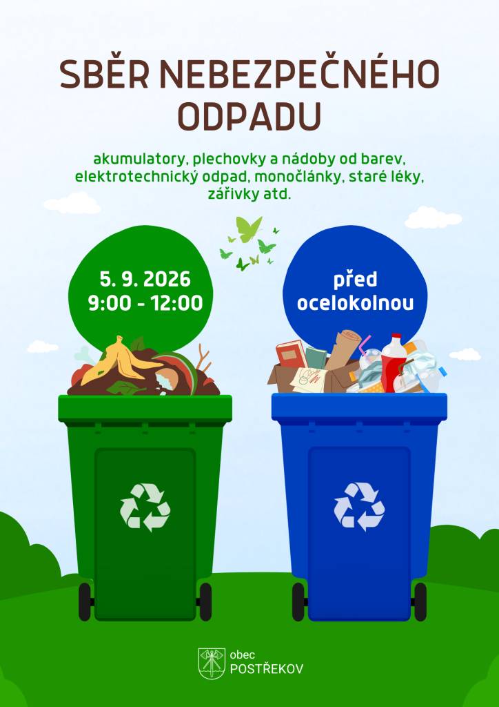 Obec Postřekov pořádá Sběr nebezpečného odpadu v sobotu 5. září 2026 od 9:00 do 12:00 před ocelokolnou.