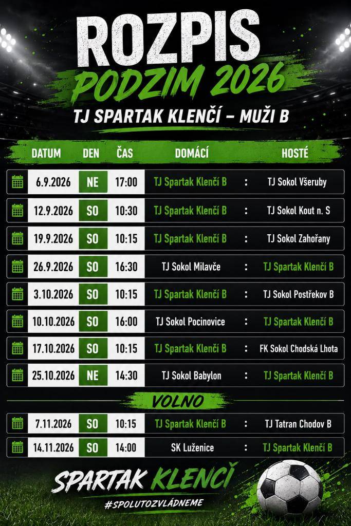 Rozpis fotbalových utkání B týmu mužů TJ Spartak Klenčí pod Čerchovem