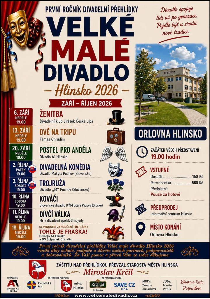 První ročník divadelní přehlídky, která se uskuteční v září a říjnu v Orlovně Hlinsko.