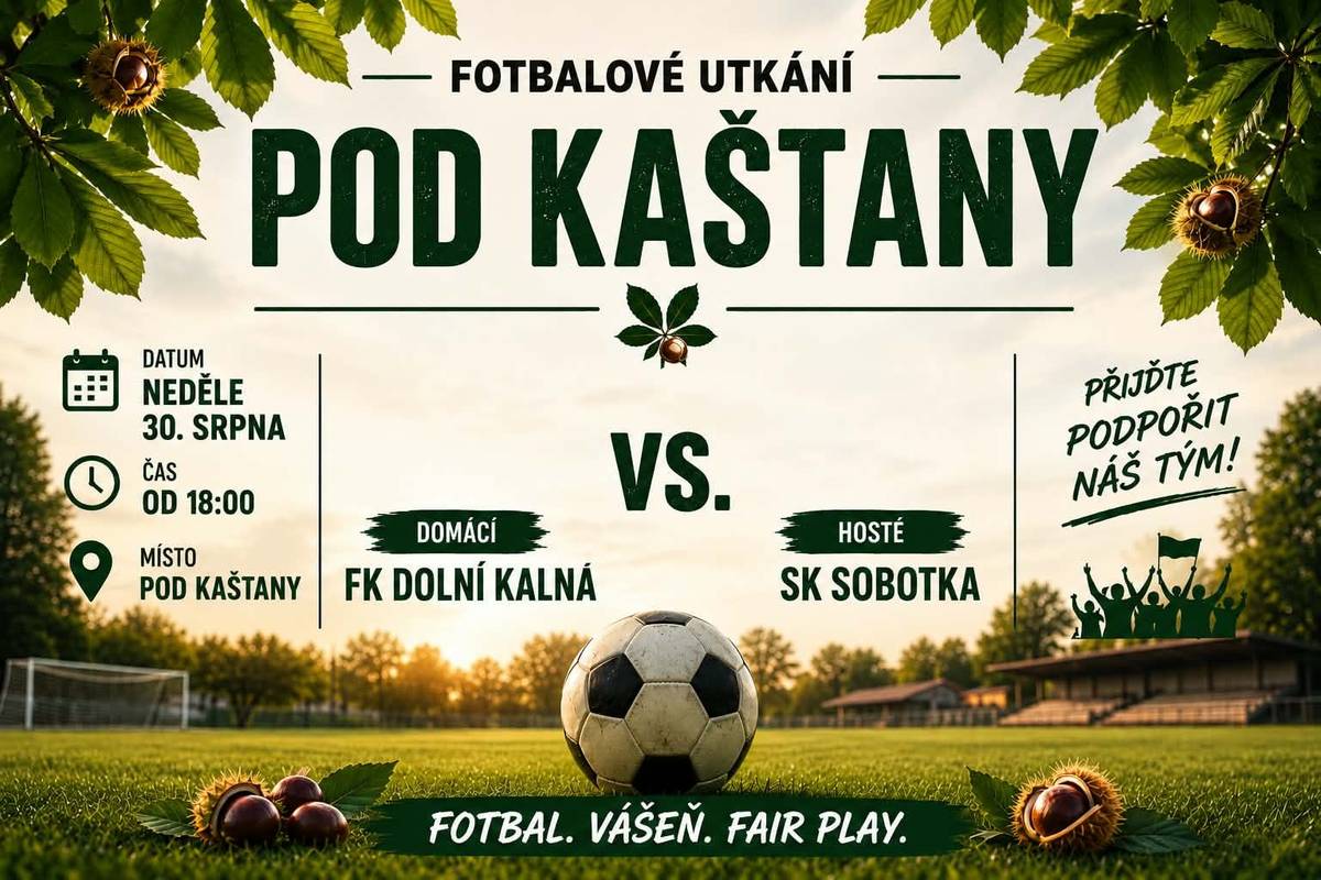 FK Dolní Kalná zve všechny své fanoušky na utkání FK Dolní Kalná "A" s vedoucím celkem 1.B třídy SK Sobotka, které se hraje v neděli 30. srpna od 18 hodin v areálu Pod Kaštany. Všichni jste srdečně zváni nejen na kvalitní sportovní zážitek, ale i bohaté občerstvení."