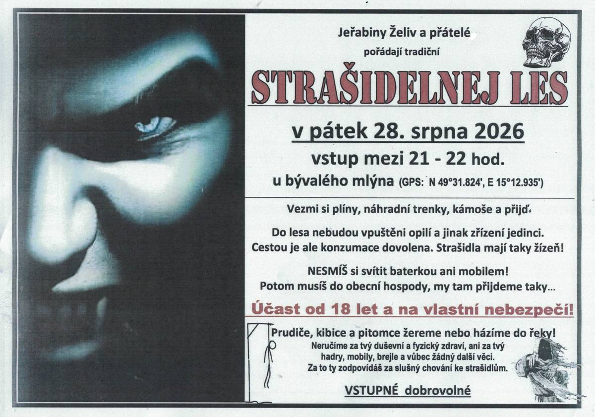 Dnes večer chystají želivské Jeřabiny a jejich přátelé STRAŠIDELNÝ LES PRO DOSPĚLÉ (18+). Start bude otevřen od 21:00 do 22:00 hod. u bývalého mlýna pod klášterem. Pevně doufáme, že se Želivu vyhnou silné bouřky, které jsou dnes hlášeny pro ORP Humpolec a společně si užijeme strašidelný úplňkový večer. Jste srdečně zváni! Vstupné je dobrovolné.