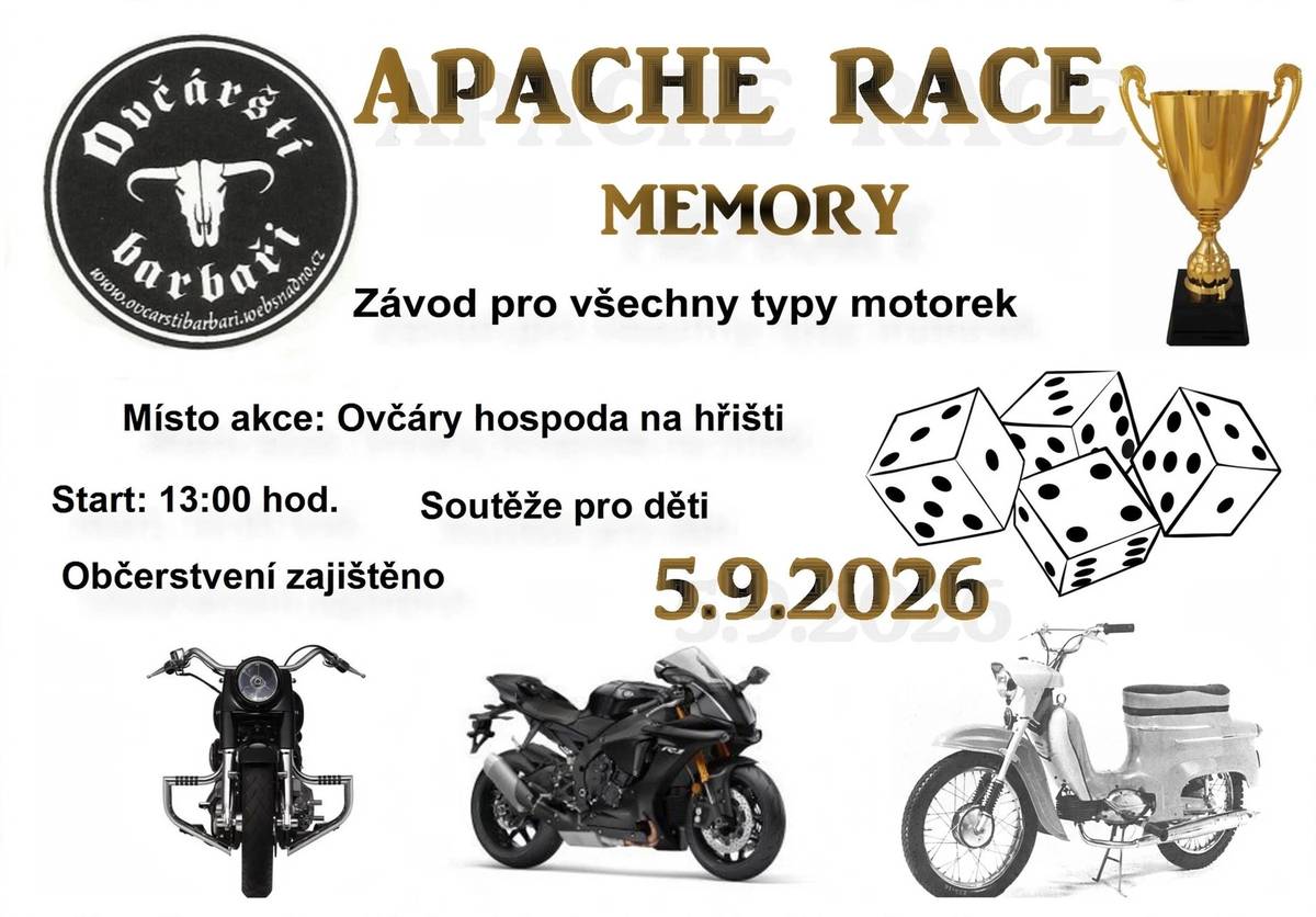 Dobrý den sousedé, jménem Barbarů srdečně zveme na akci k ukončení prázdnin, pro malé i velké :) Další ročník tohoto místního memoriálu se uskuteční v sobotu 5.9. na hřišti v Ovčárech. Startuje se ve 13:00 hod závodem motorek všeho druhu, na hřišti budou připraveny soutěže pro děti. V hospodě občerstvení pro všechny věkové kategorie.