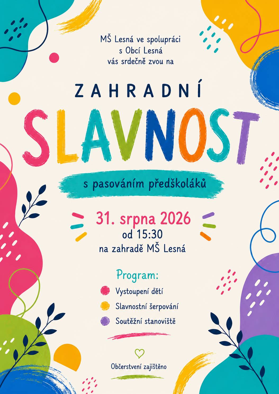 V pondělí 31. srpna 2026 proběhne od 15:30 slavnostní pasování prvňáků (jedná se o náhradu za červnové pasování, které bylo z důvodu nemoci žáků MŠ zrušeno). Zveme všechny generace na tento slavnostní akt.