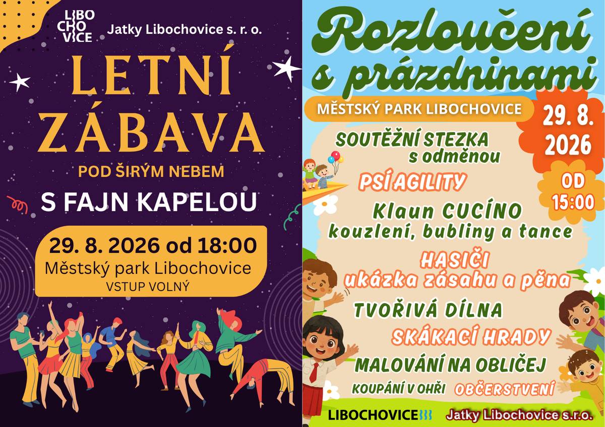 Rozloučení s prázdninami a následná Letní zábava v městském parku vznikají ve spolupráci města Libochovice a společnosti Jatky Libochovice s.r.o. Jatky Libochovice se významně podílejí na organizaci a zároveň zajišťují veškeré občerstvení pro návštěvníky během obou akcí. Velmi si této spolupráce vážíme a děkujeme společnosti Jatky Libochovice za jejich podporu, ochotu a nasazení při přípravě obou akcí. 🤝 Věříme, že si společně užijeme příjemné odpoledne plné zábavy pro děti i dospělé a následně také večerní program pod širým nebem - těšíme se na vás v sobotu 29. srpna v městském parku!