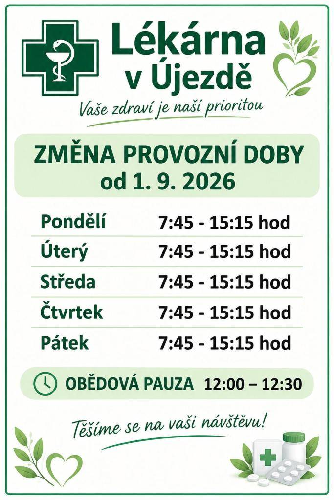 Od 1. září 2026 se mění provozní doba lékárny v Újezdě.