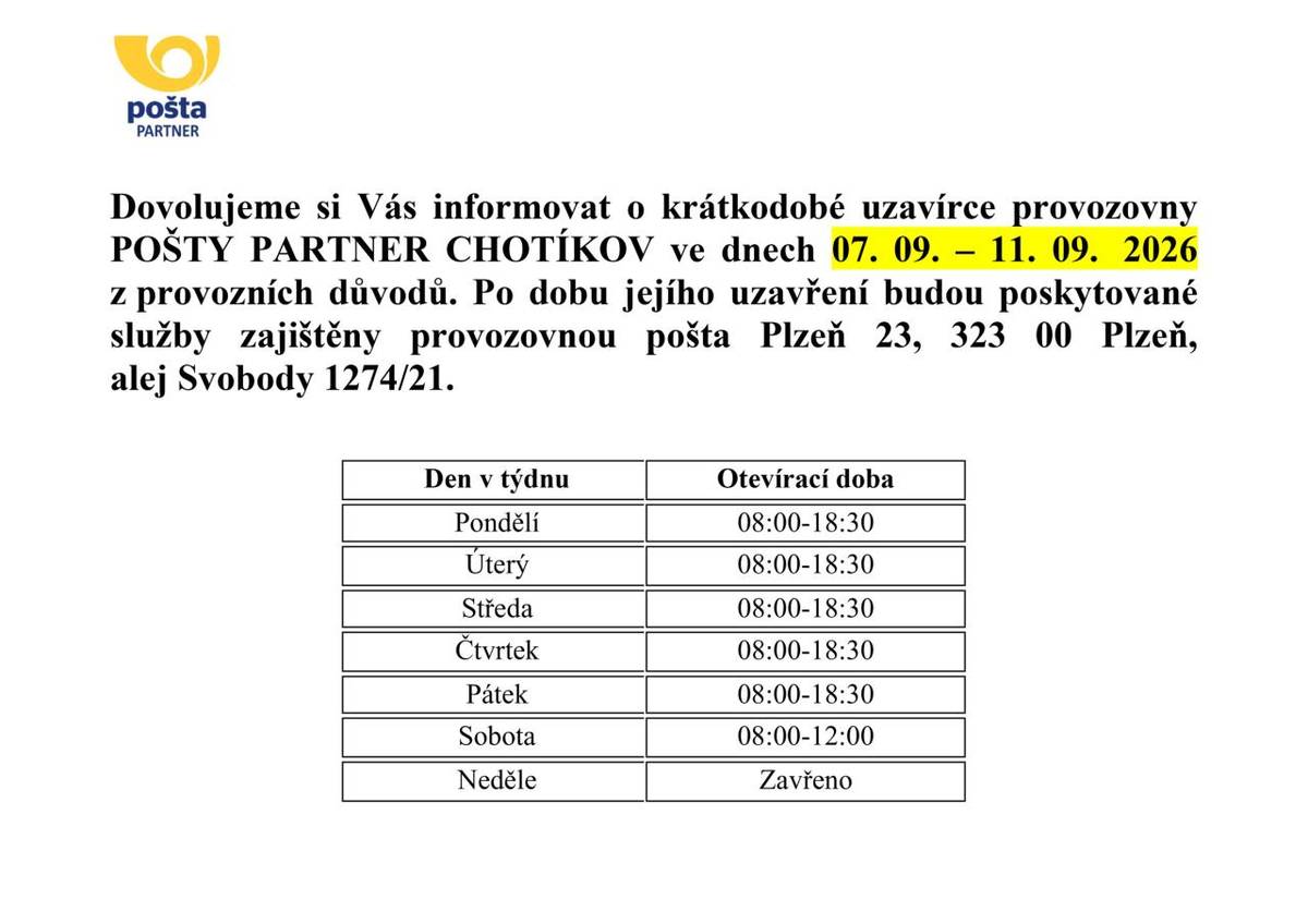 Provozovna POŠTY PARTNER bude uzavřena na nezbytně nutnou dobu ve dnech 07. 09. 2026 – 11. 09. 2026 z provozních důvodů.