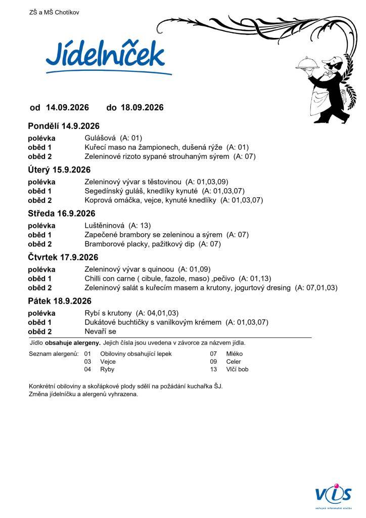 Jídelní lístek ZŠ a MŠ Chotíkov na týden 14. 09. 2026 - 18. 09. 2026.