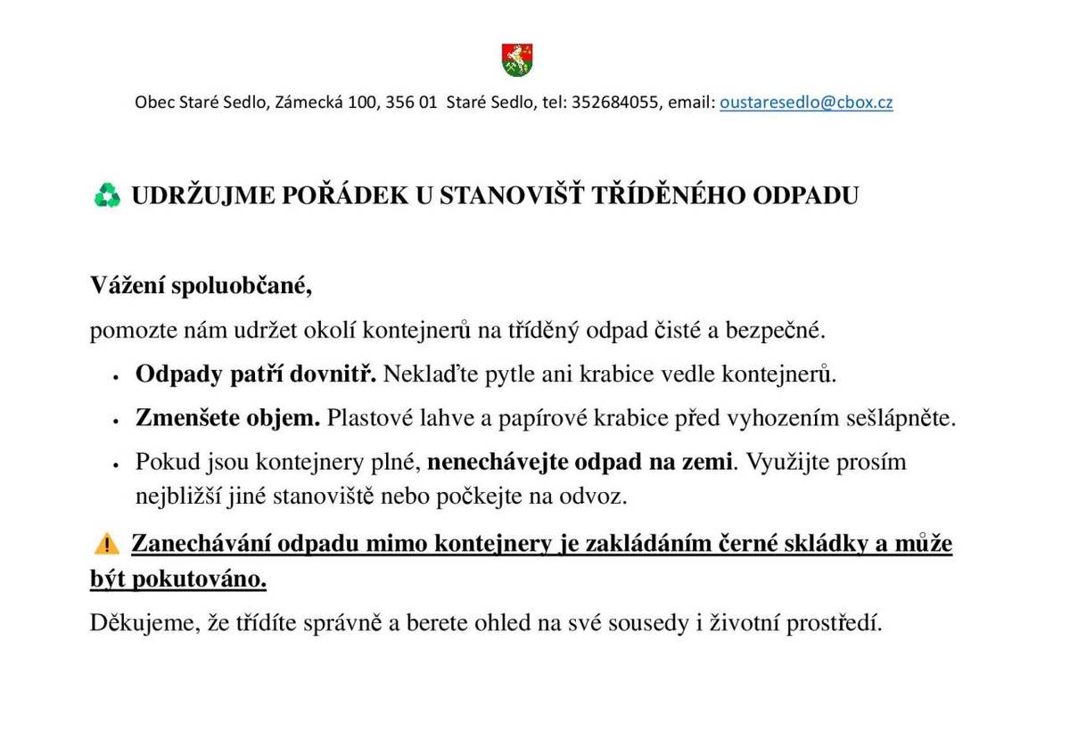 Udržujme pořádek u stanovišť tříděného odpadu