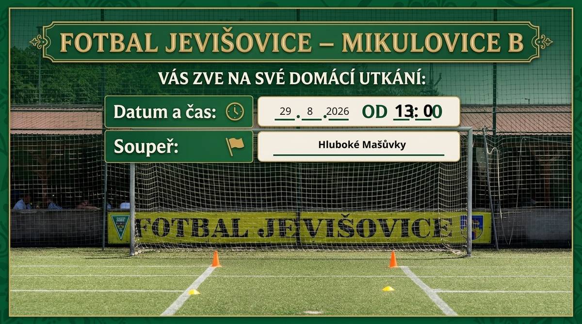 Pozvánka na fotbalové utkání   Fotbal Jevišovice – Mikulovice B Vás zve na své domácí utkání hrané ve sportovním areálu v Jevišovicích: Datum a čas: 29. srpna 2026 od 13:00 Soupeř: Hluboké Mašůvky