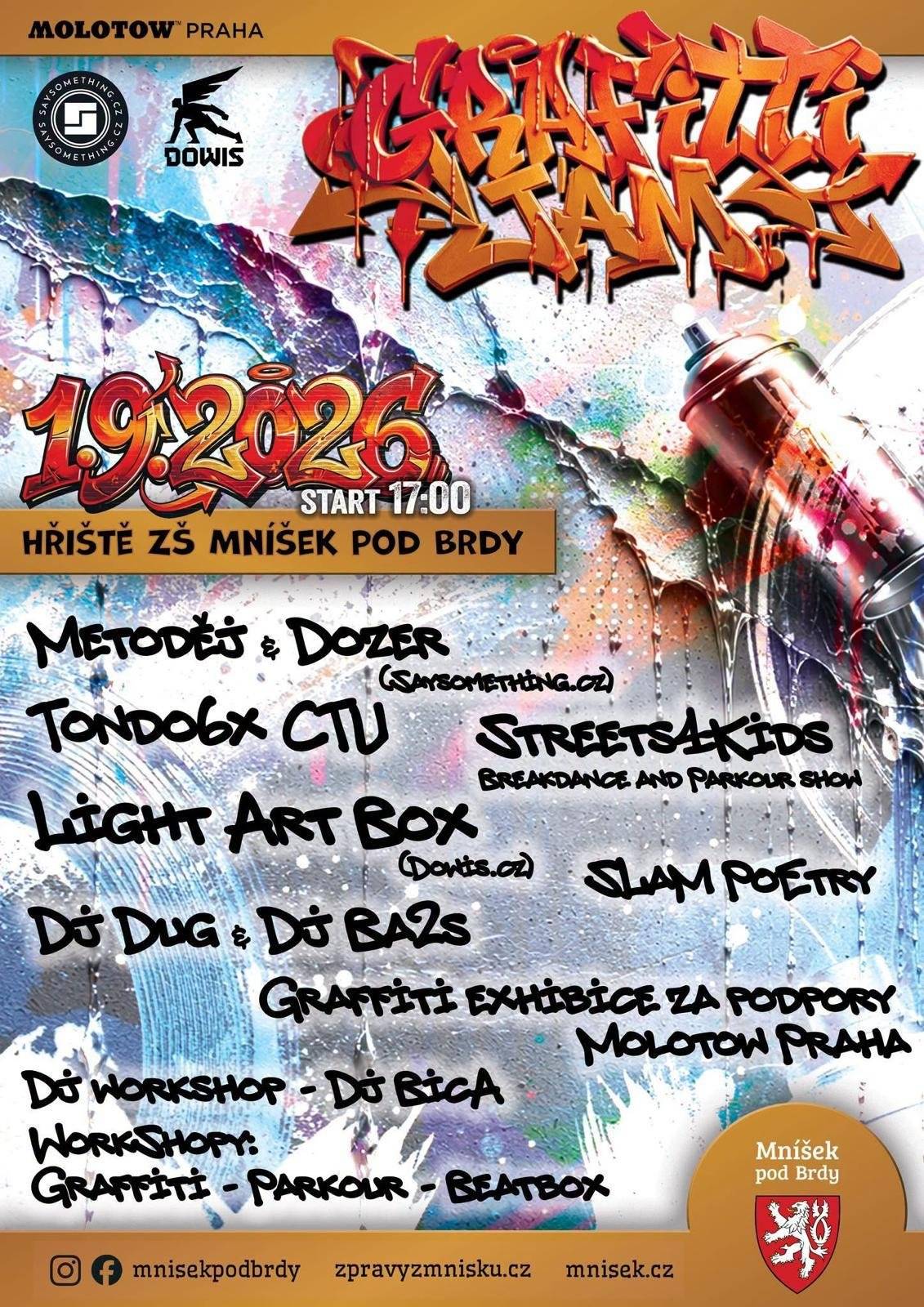 Milí Klínečáci, srdečně vás zveme 1.9. od 17 hodin na hřiště ZŠ Mníšek pod Brdy na muziku, grafitti, parcour, slam poetry a beatbox.