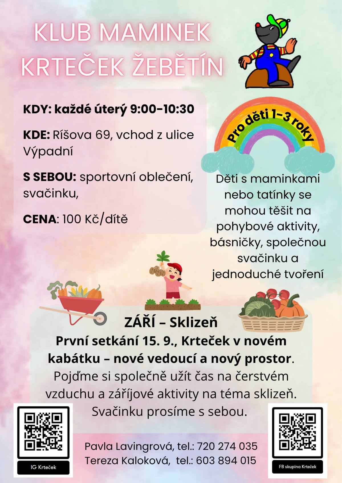 Klub maminek Krteček Žebětín zahajuje po prázdninách opět svůj program pro děti od 1 do 3 let. První setkání se uskuteční v úterý 15. září. Více informací najdete v přiloženém letáčku. 👇