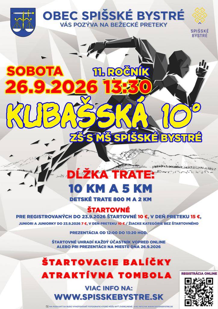 Obec Spišské Bystré v spolupráci s Klubom turistov Spišské Bystré, ZŠ s MŠ Spišské Bystré, Vás pozývajú na 11. ročník behu s názvom Kubašská 10°.