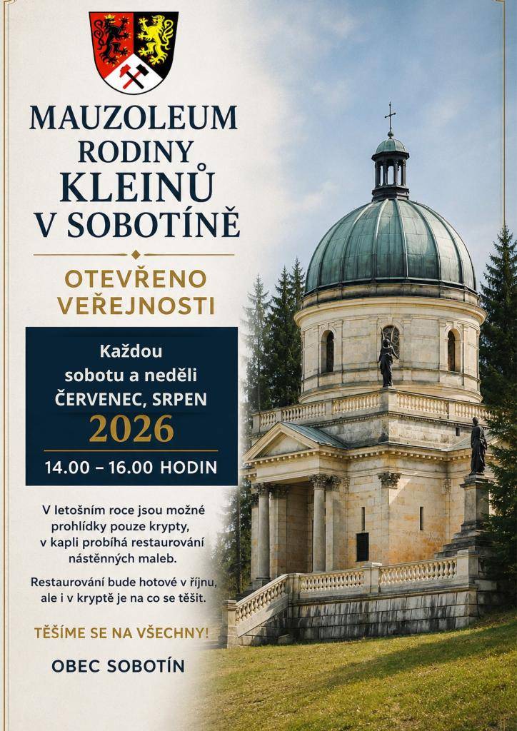 ZVEME VÁS NA PROHLÍDKU KRYPTY MAUZOLEA RODINY KLENŮ, KAŽDOU SOBOTU A NEDĚLI DO 13.9.2026 VŽDY 14,00-16,00