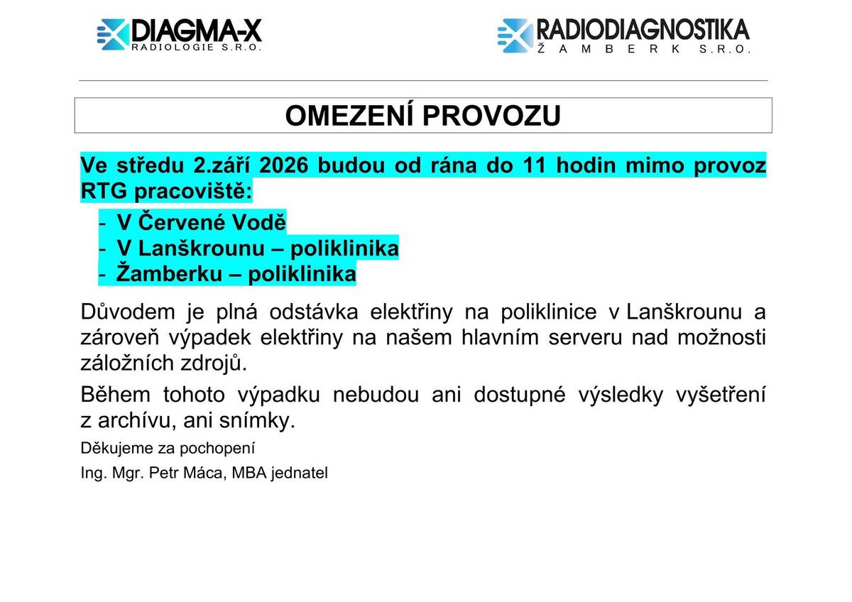 Ve středu 2. září 2026 budou od rána do 11:00 mimo provoz tato RTG pracoviště: • Červená Voda • Lanškroun – poliklinika • Žamberk – poliklinika