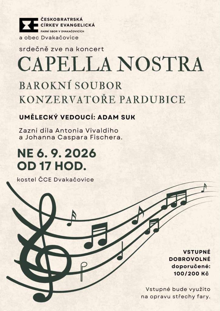 Koncert barokního souboru Konzervatoře Pardubice.  Dobrovolné vstupné bude využito na opravu střechy fary.