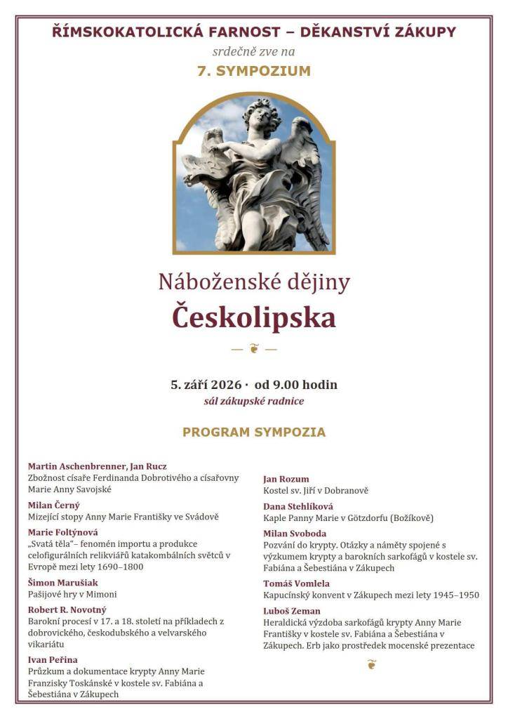 Římskokatolická farnost - děkanství Zákupy srdečně zvou na 7. sympozium dne 5. září 2026 od 9.00 hodin do sálu zákupské radnice.
