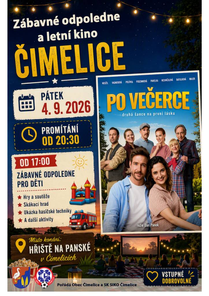 V pátek 4.9. pořádá Obec Čimelice a SK SIKO Čimelice zábavní dětské odpoledne se soutěžemi, nafukovacím hradem, jízdou kočárem s koňmi, dílničkami, malováním na obličej. Večer od 20,30 budeme promítat letní komedii Po večerce. Srdečně zveme všechny