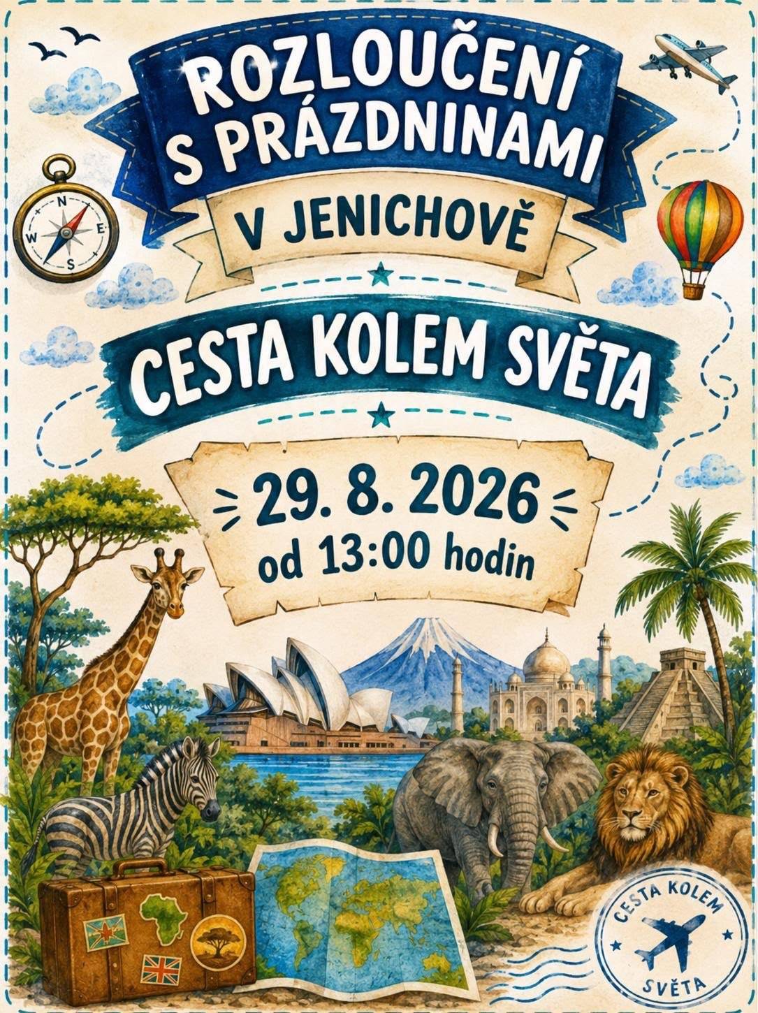 Připomínáme, že dnes od 13 hodin se v Jenichově koná akce Rozloučení s prázdninami, letos na téma Cesta kolem světa.  Děti se mohou těšit na soutěže, dárečky a spoustu zábavy. A my se těšíme na Vás!