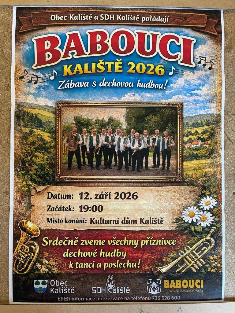 Srdečně zveme všechny příznivce dechové hudby na koncert kapely Babouci, který proběhne 12. září 2026 v Kališti.