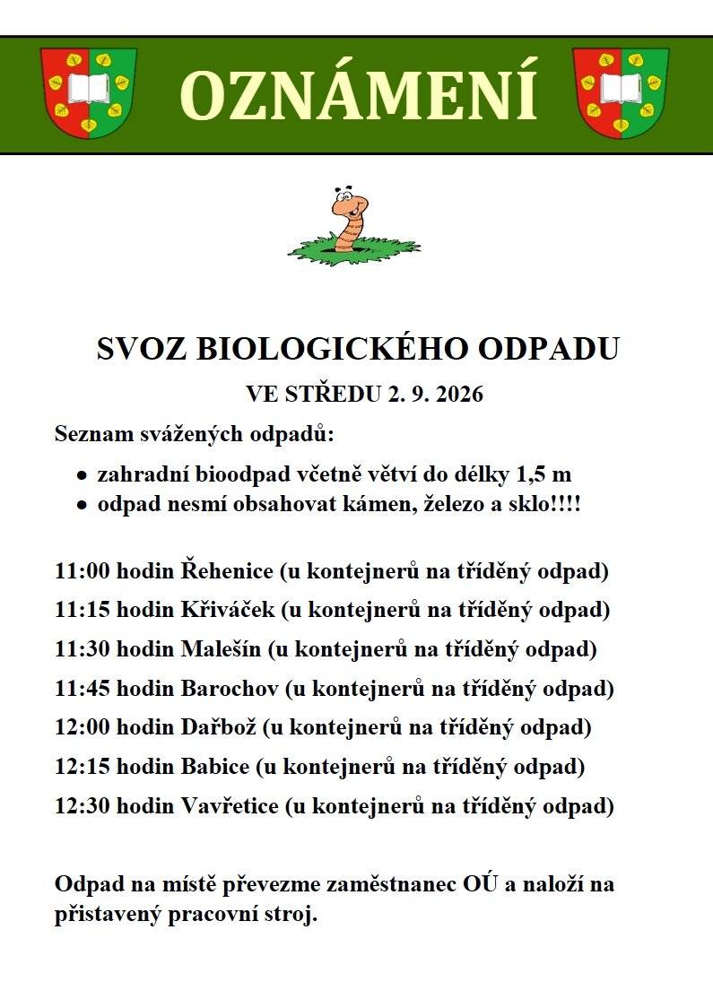 Svoz bioodpadu proběhne ve středu 2. 9. 2026.