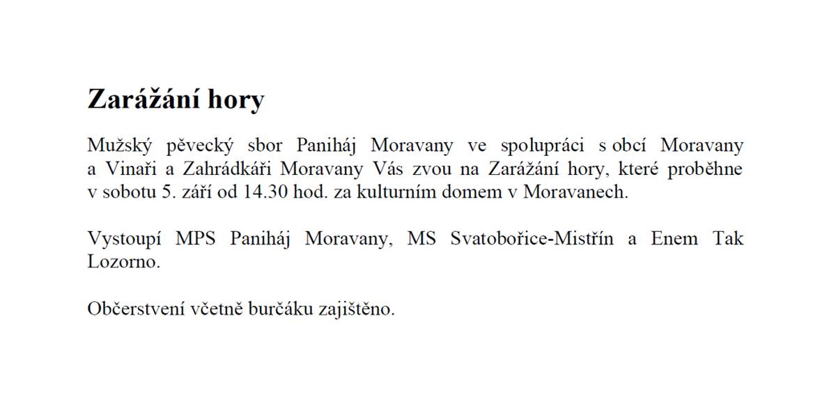 ZARÁŽÁNÍ HORY - 5.9.2026 OD 14:30 ZA KULTURNÍM DOMEM V MORAVANECH.