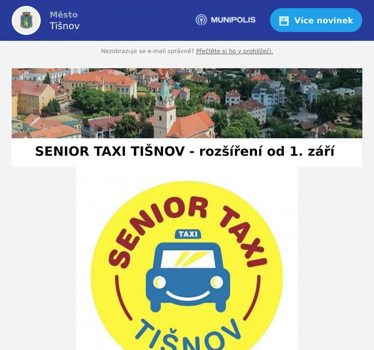 Nově bude SENIOR TAXI TIŠNOV zajíždět od 1. září 2026 do zdravotnických zařízení v Čebíně a do Domova pro seniory Předklášteří. Telefonní číslo pro objednání SENIOR TAXI zůstává stejné >> 608 270 390. Podrobnosti najdete na webu města.