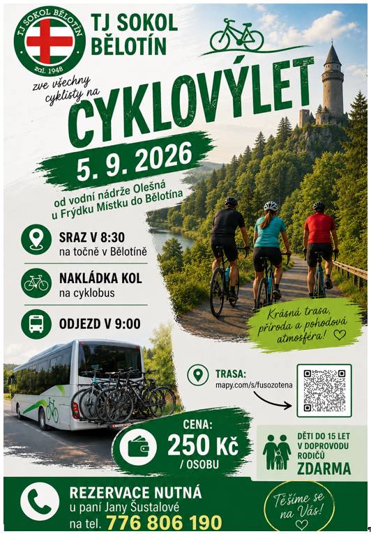 Zveme Vás na cyklovýlet z Olešné u Frýdku - Místku do Bělotína, který se koná 5. září 2026.