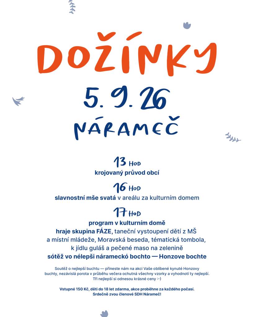 PRO ČLENY SDH NÁRAMEČ:  -CHYSTÁNÍ SÁLU A NOŠENÍ DARŮ DO TÉMATICKÉ  TOMBOLY ( ZAHRADNÍ NÁŘADÍ, KOŠE, KONVE, OVOCE, ZELENINA, ROSTLINY, HNOJIVA,….) NA DOŽINKY BUDE V PÁTEK OD 17 HODIN V KD.  NÁSLEDNÝ ÚKLID BUDE V NĚDĚLI OD 15 HODIN.