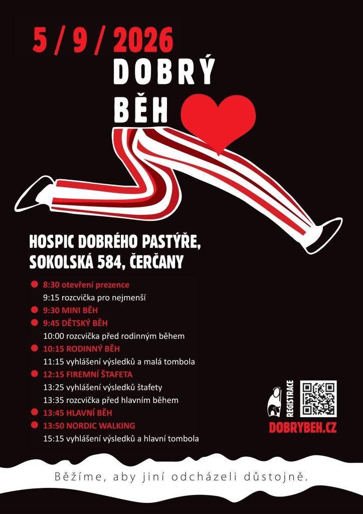 Další ročník charitativního Dobrého běhu se uskuteční v sobotu 5.9. v Čerčanech. Prezentace začíná v 8:30 u Hospice Dobrého pastýře. Podrobné informace a registraci naleznete na www.dobrybeh.cz  Přijďte si zaběhat a pomoct dobré věci.