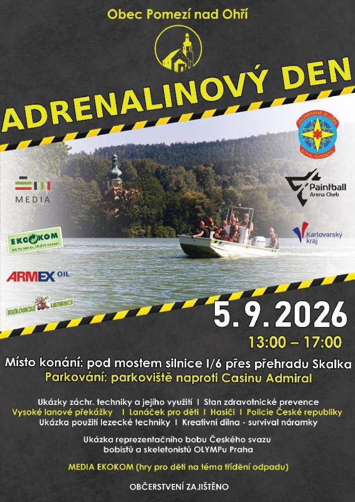 Obec Pomezí nad Ohří vás zve na Adrenalinový den, který se uskuteční 5. září 2026, od 13:00 do 17:00.