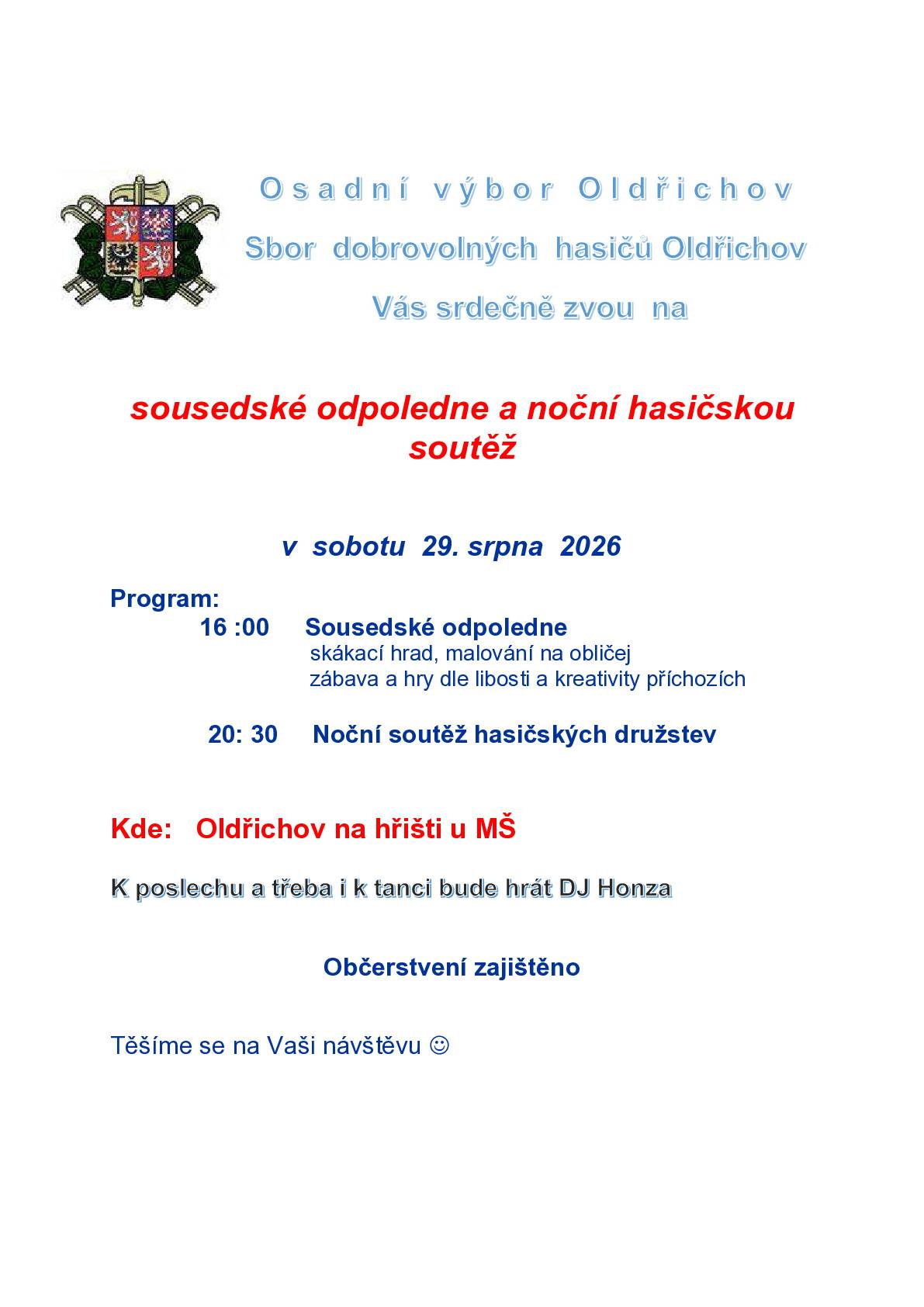 Sousedské odpoledne a noční hasičská soutěž v Oldřichov 29.8.2026
