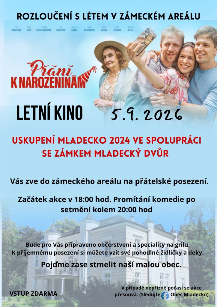 Akci pořádá USKUPENÍ MLADECKO 2024 VE SPOLUPRÁCI SE ZÁMKEM MLADECKÝ DVŮR. Začátek akce v 18:00 hod. Promítání komedie po setmění kolem 20:00 hod